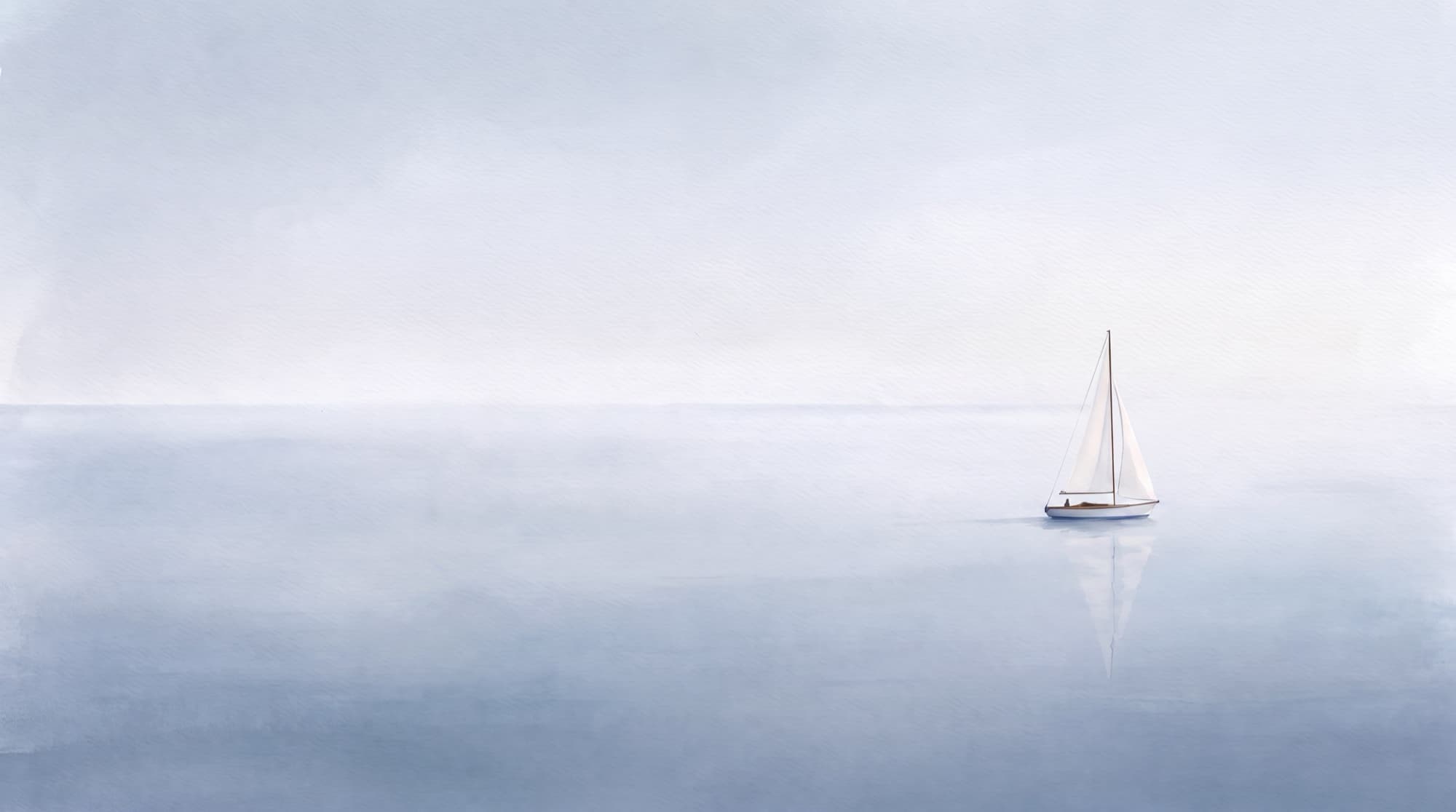 A lone sailboat on still, misty water.