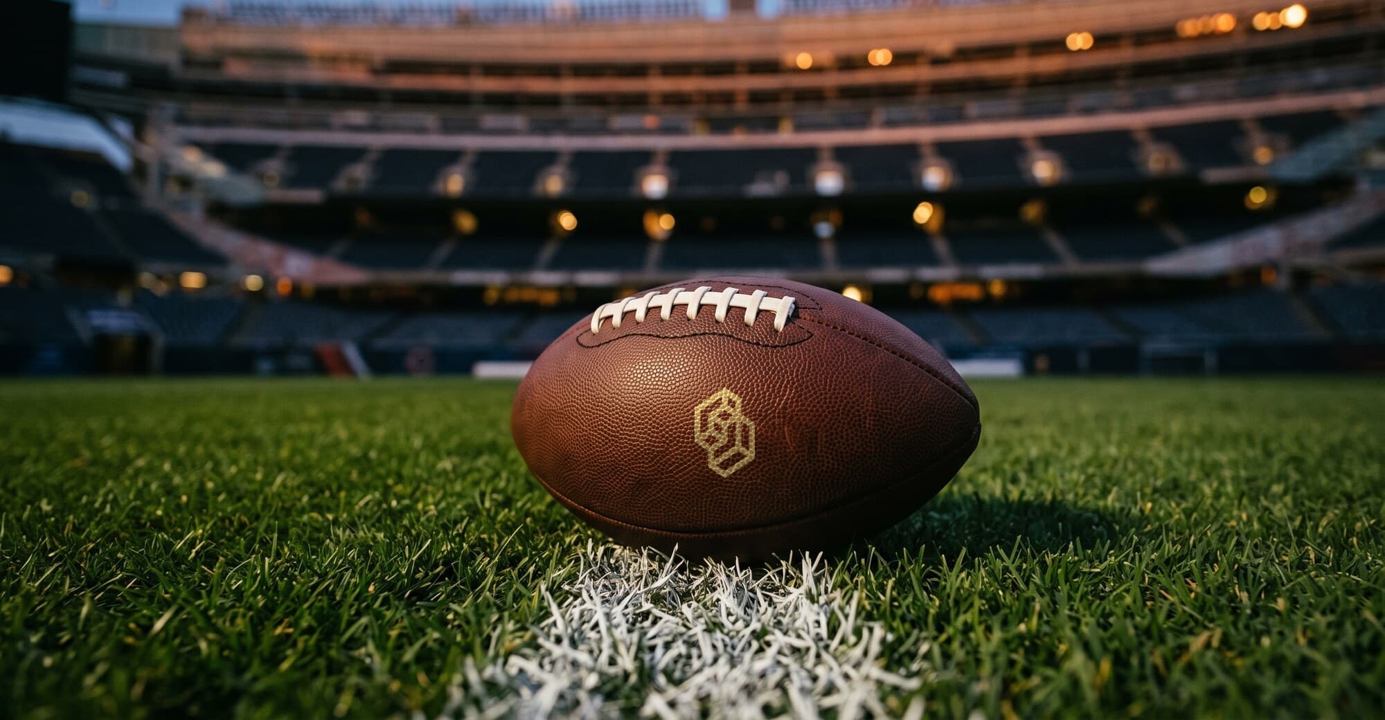 An American football on the yard line of an empty stadium at dusk, with the TypeSafe mark printed on the ball.